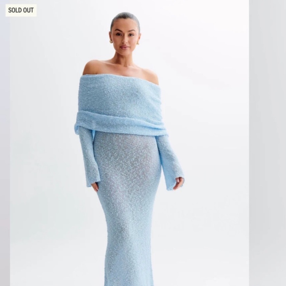 Meshki Marisol Off Shoulder Boucle Maxi Dress size medium light blue